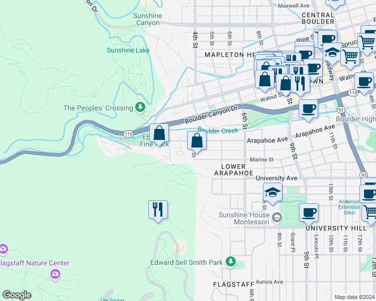 map of restaurants, bars, coffee shops, grocery stores, and more near 358 Arapahoe Avenue in Boulder