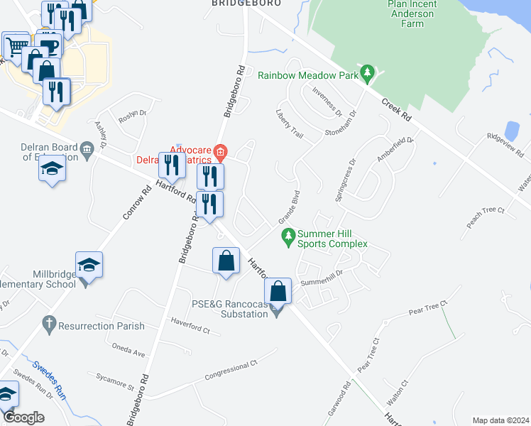map of restaurants, bars, coffee shops, grocery stores, and more near 105 Castleton Road in Riverside