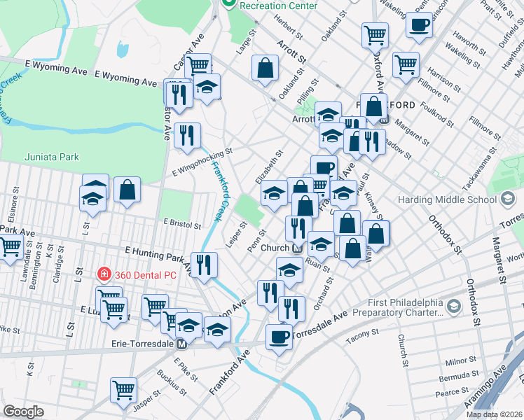 map of restaurants, bars, coffee shops, grocery stores, and more near 1400 Church Street in Philadelphia