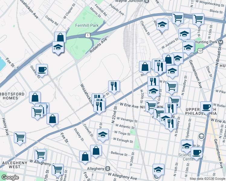 map of restaurants, bars, coffee shops, grocery stores, and more near 2125 Ruffner Street in Philadelphia