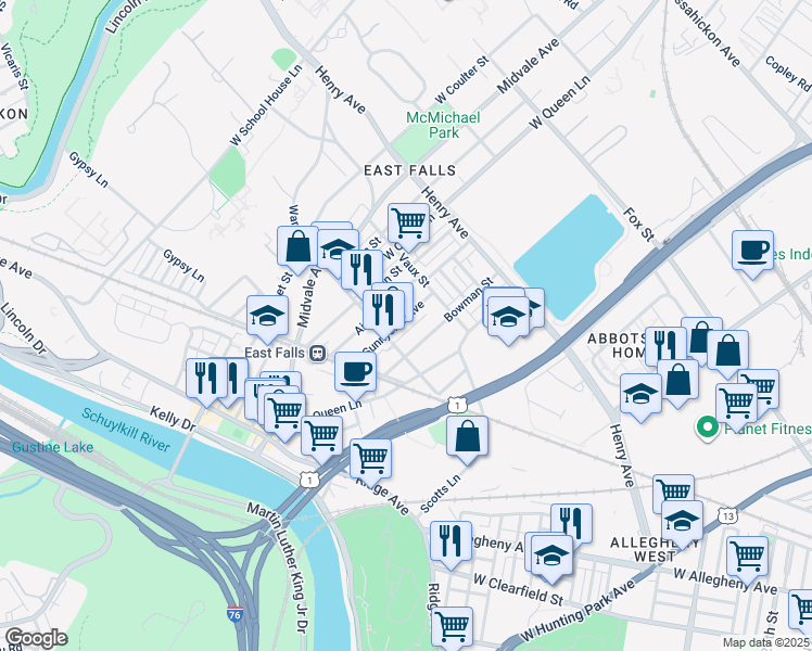 map of restaurants, bars, coffee shops, grocery stores, and more near 3455 Sunnyside Avenue in Philadelphia