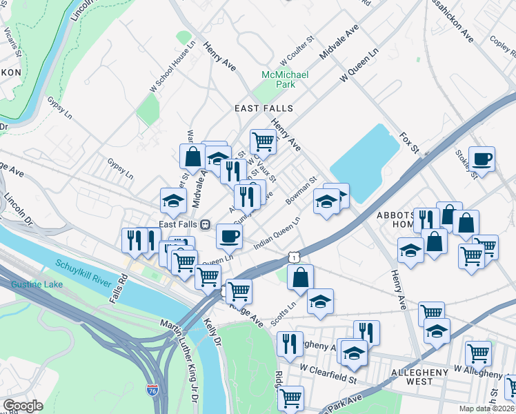 map of restaurants, bars, coffee shops, grocery stores, and more near 3455 Sunnyside Avenue in Philadelphia