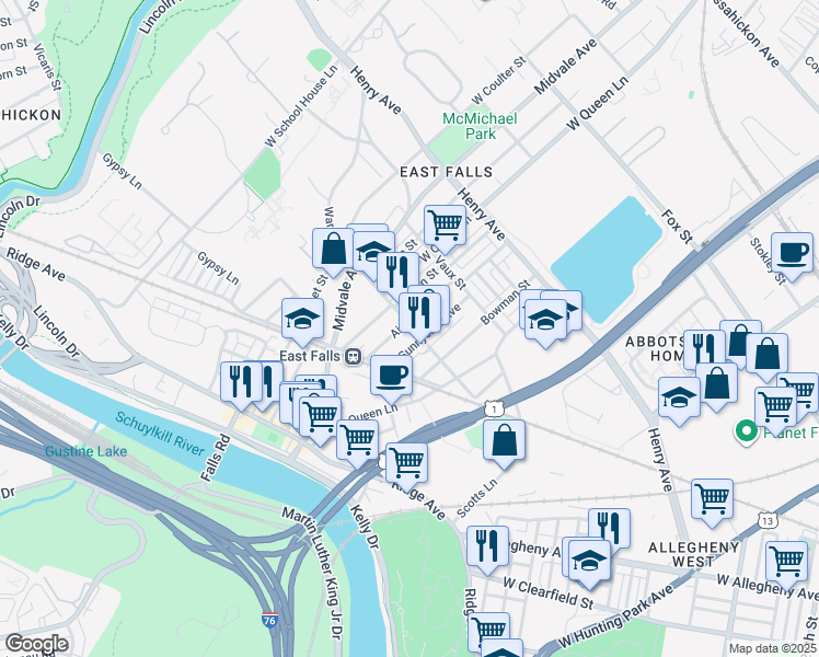map of restaurants, bars, coffee shops, grocery stores, and more near 3511 Ainslie Street in Philadelphia