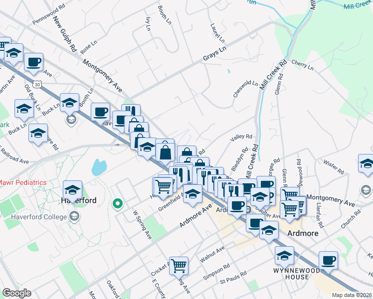 map of restaurants, bars, coffee shops, grocery stores, and more near 139 Montgomery Avenue in Ardmore