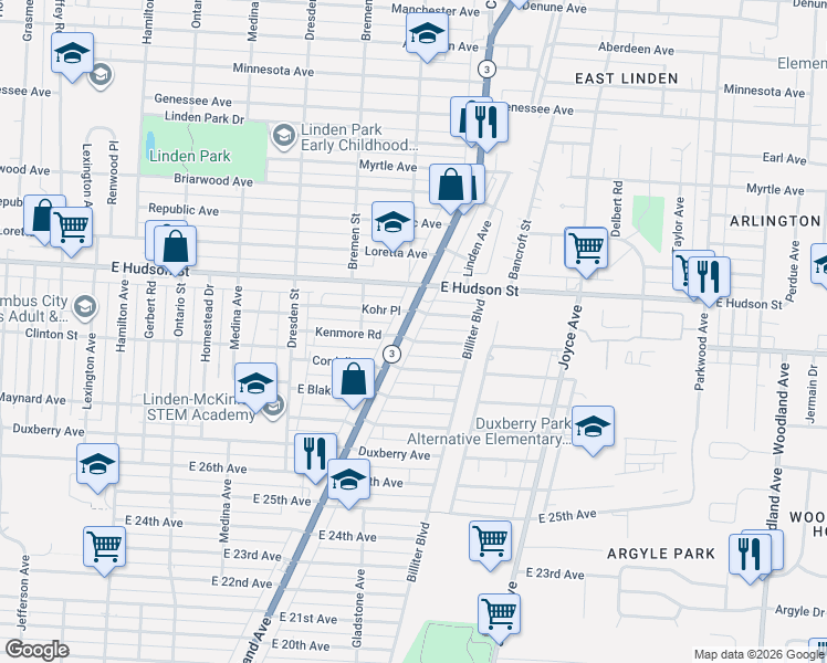 map of restaurants, bars, coffee shops, grocery stores, and more near 2234 Cleveland Avenue in Columbus