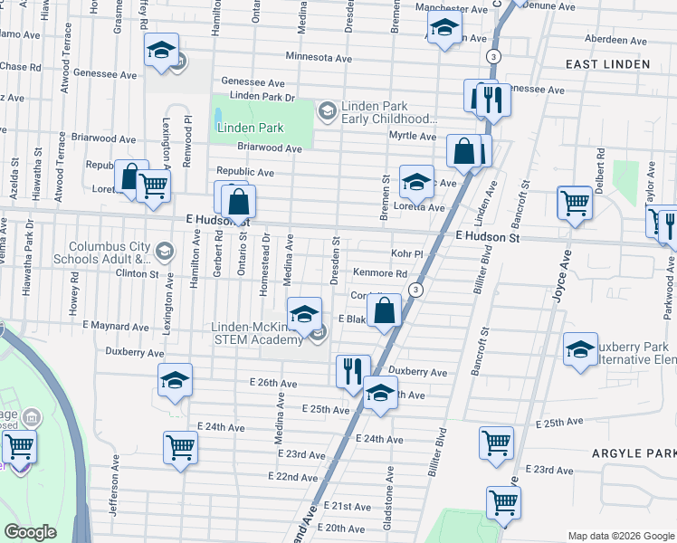 map of restaurants, bars, coffee shops, grocery stores, and more near 2252 Dresden Street in Columbus