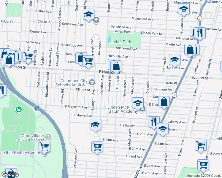 map of restaurants, bars, coffee shops, grocery stores, and more near 2283 Gerbert Road in Columbus