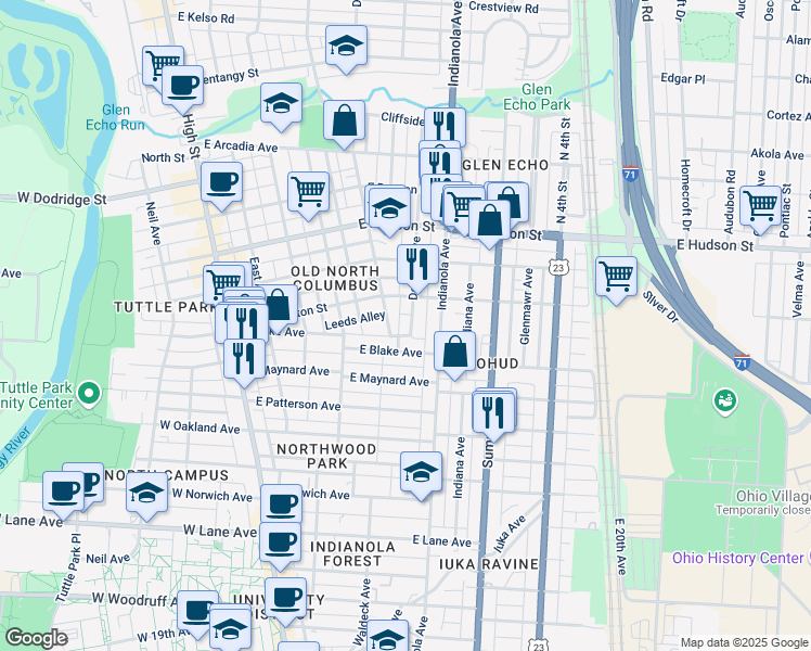 map of restaurants, bars, coffee shops, grocery stores, and more near 2417 Deming Avenue in Columbus