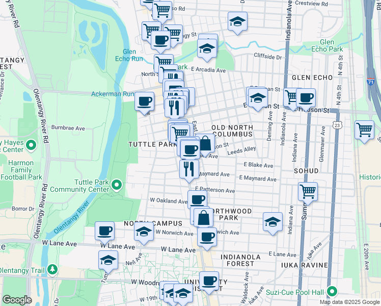 map of restaurants, bars, coffee shops, grocery stores, and more near 2458 North Pearl Street in Columbus
