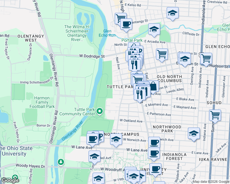 map of restaurants, bars, coffee shops, grocery stores, and more near 140 West Blake Avenue in Columbus