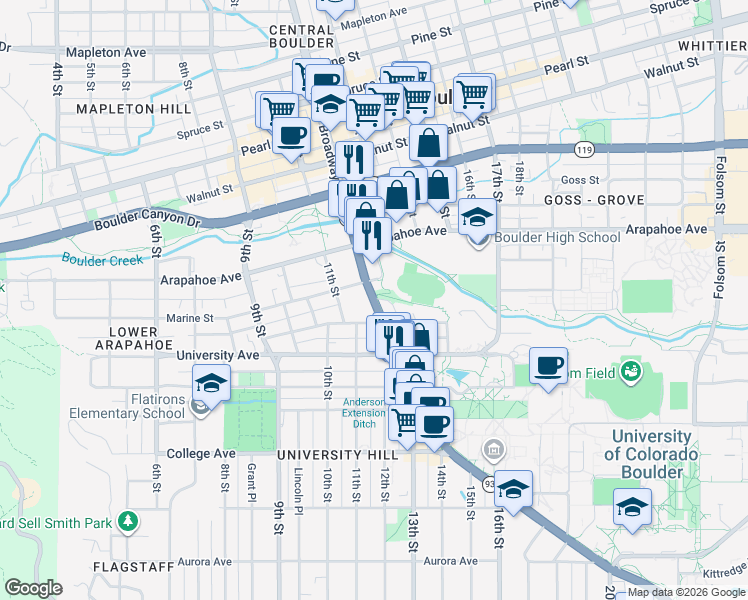 map of restaurants, bars, coffee shops, grocery stores, and more near 1560 Broadway in Boulder