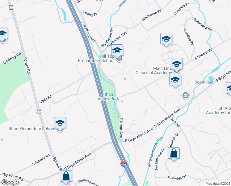 map of restaurants, bars, coffee shops, grocery stores, and more near 694 South Roberts Road in Bryn Mawr
