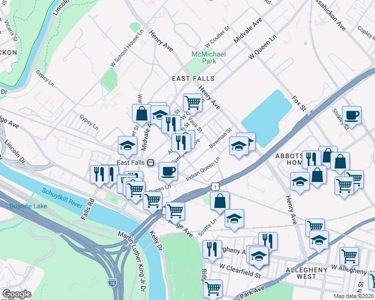 map of restaurants, bars, coffee shops, grocery stores, and more near Sunnyside Avenue in Philadelphia