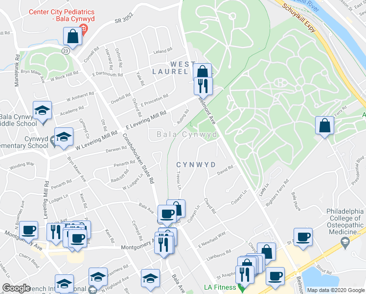 map of restaurants, bars, coffee shops, grocery stores, and more near 353 Trevor Lane in Bala Cynwyd