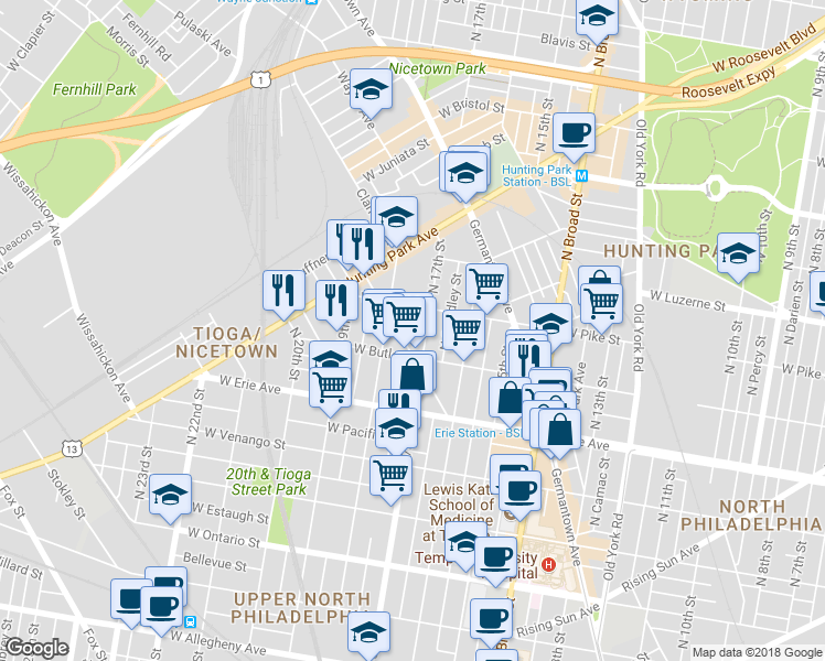 map of restaurants, bars, coffee shops, grocery stores, and more near 3831 North Bouvier Street in Philadelphia