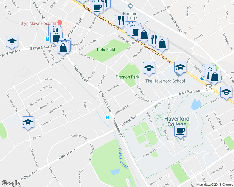 map of restaurants, bars, coffee shops, grocery stores, and more near 730 Buck Lane in Haverford
