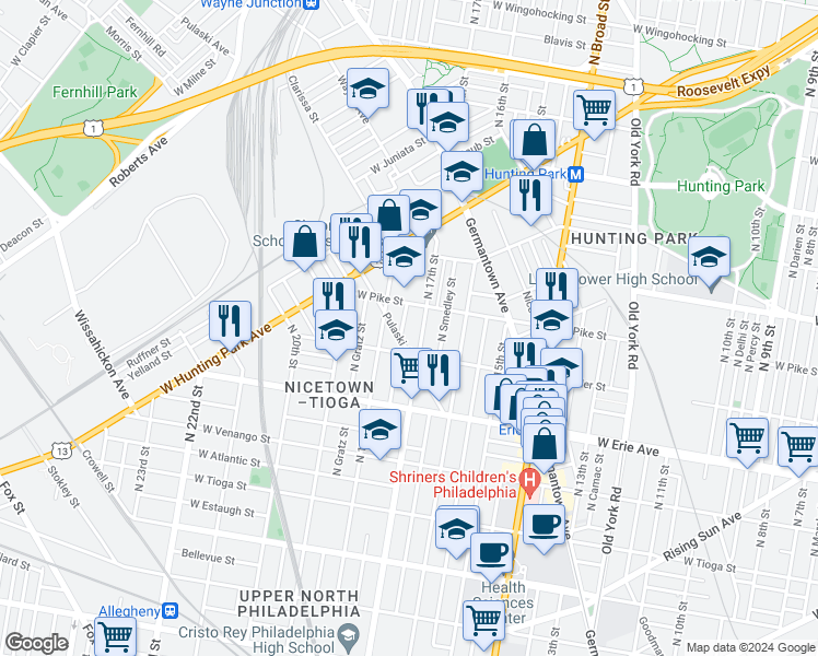 map of restaurants, bars, coffee shops, grocery stores, and more near 3831 North Bouvier Street in Philadelphia