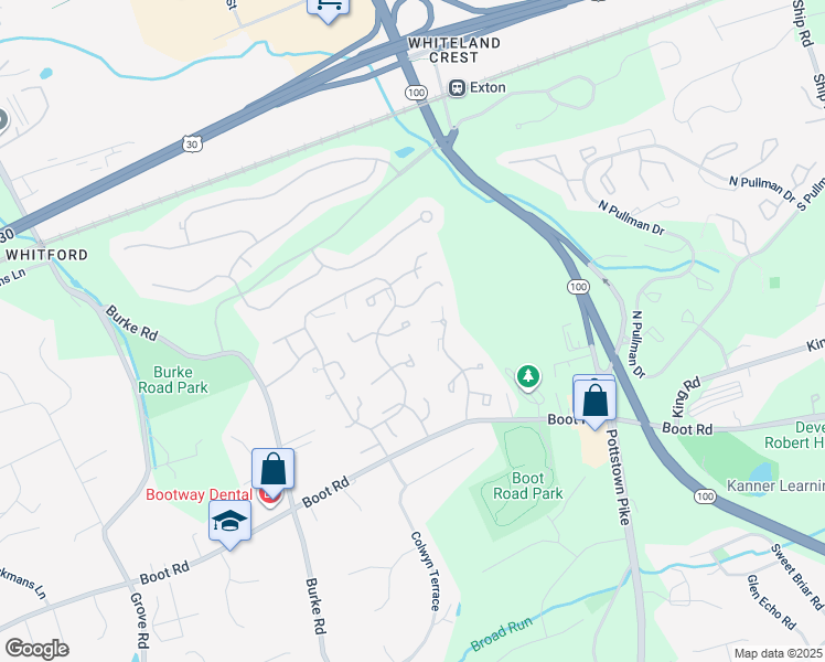 map of restaurants, bars, coffee shops, grocery stores, and more near 415 Anglesey Terrace in West Chester