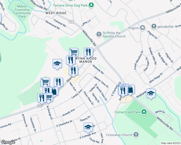 map of restaurants, bars, coffee shops, grocery stores, and more near 561 Oak Ridge Drive in Millersville