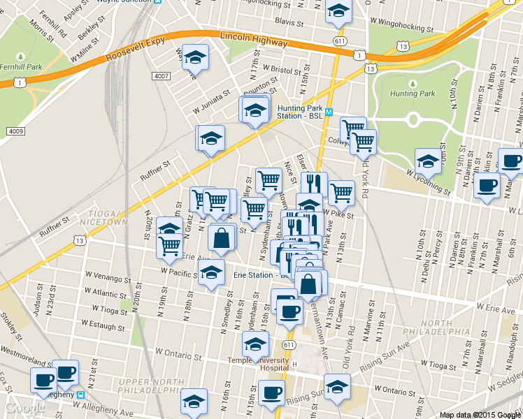 map of restaurants, bars, coffee shops, grocery stores, and more near 3849 North 16th Street in Philadelphia