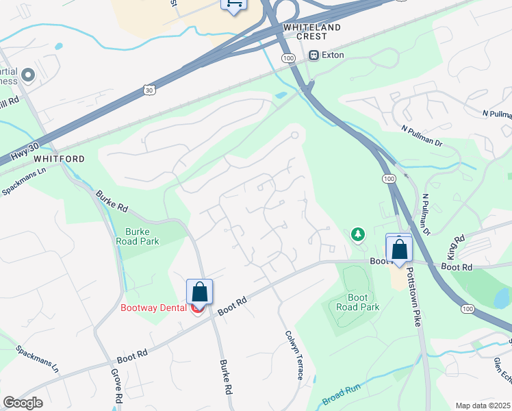 map of restaurants, bars, coffee shops, grocery stores, and more near 291 Anglesey Terrace in West Chester