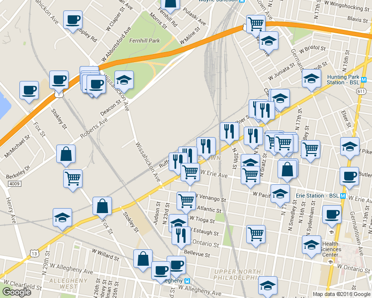 map of restaurants, bars, coffee shops, grocery stores, and more near 2127 Ruffner Street in Philadelphia