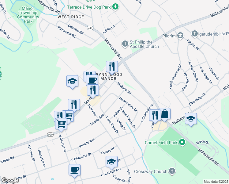 map of restaurants, bars, coffee shops, grocery stores, and more near 561 Oak Ridge Drive in Millersville