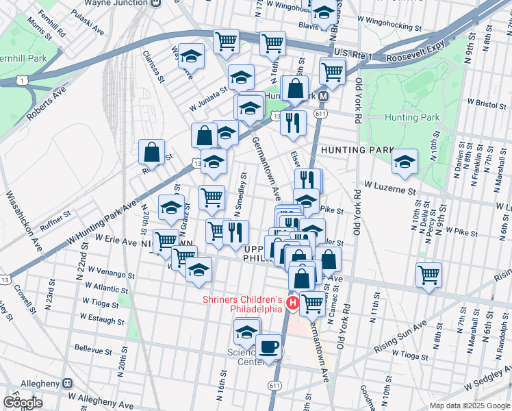 map of restaurants, bars, coffee shops, grocery stores, and more near 3849 North 16th Street in Philadelphia
