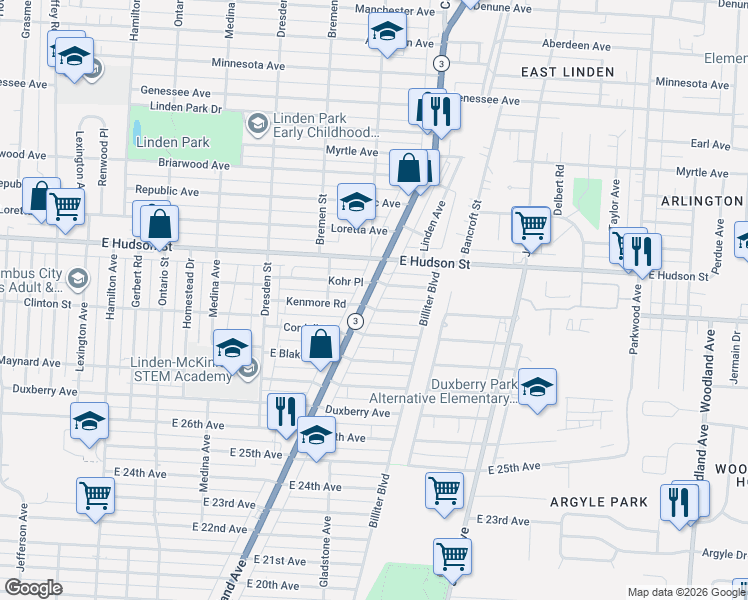 map of restaurants, bars, coffee shops, grocery stores, and more near 2234 Cleveland Avenue in Columbus