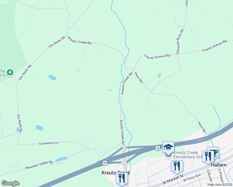 map of restaurants, bars, coffee shops, grocery stores, and more near 305 Kreutz Creek Road in York