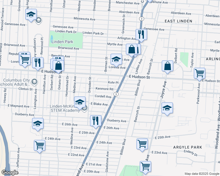 map of restaurants, bars, coffee shops, grocery stores, and more near 1500 Kenmore Road in Columbus