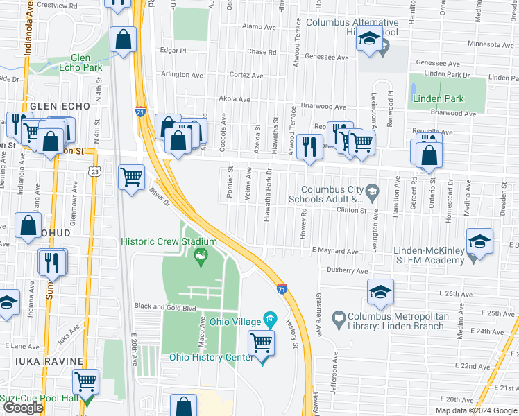 map of restaurants, bars, coffee shops, grocery stores, and more near 841 Clinton Street in Columbus