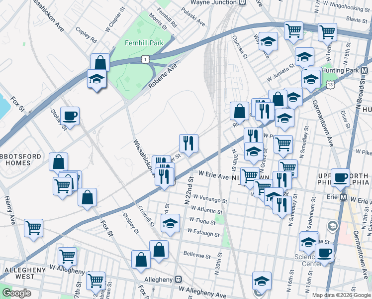 map of restaurants, bars, coffee shops, grocery stores, and more near 2125 Ruffner Street in Philadelphia