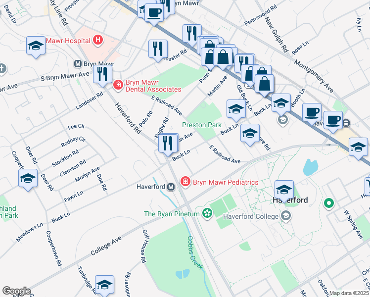 map of restaurants, bars, coffee shops, grocery stores, and more near 730 Buck Lane in Haverford