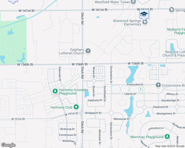 map of restaurants, bars, coffee shops, grocery stores, and more near 15524 Bowie Drive in Westfield