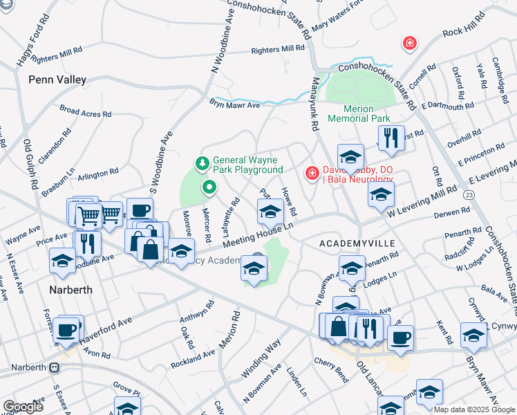 map of restaurants, bars, coffee shops, grocery stores, and more near 517 Prescott Road in Merion Station