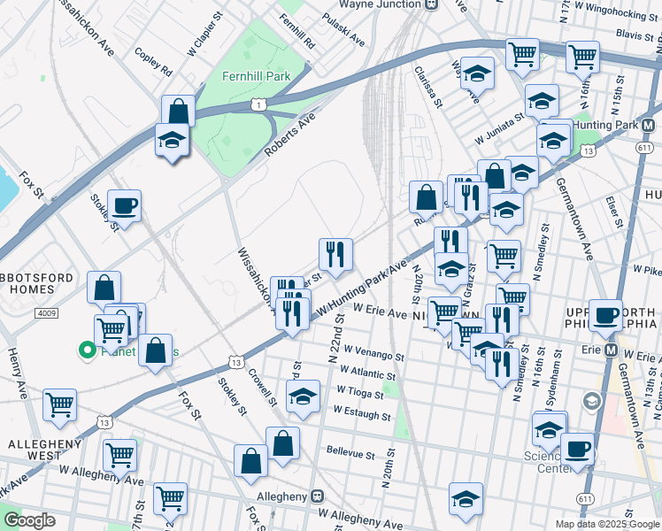 map of restaurants, bars, coffee shops, grocery stores, and more near 2125 Ruffner Street in Philadelphia