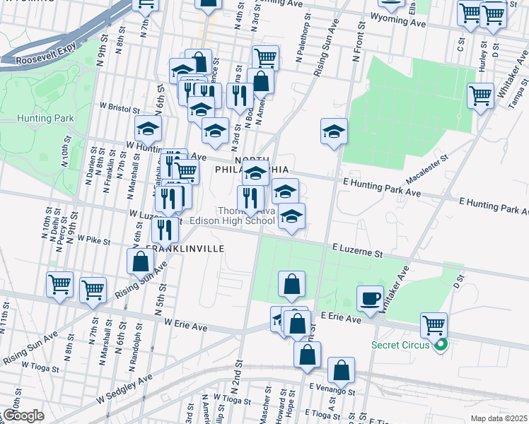 map of restaurants, bars, coffee shops, grocery stores, and more near 4114 North 2nd Street in Philadelphia