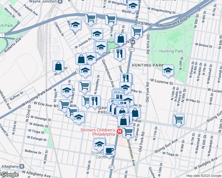 map of restaurants, bars, coffee shops, grocery stores, and more near 3852 North 15th Street in Philadelphia