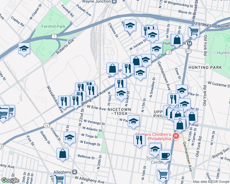 map of restaurants, bars, coffee shops, grocery stores, and more near 3819 Archer Street in Philadelphia