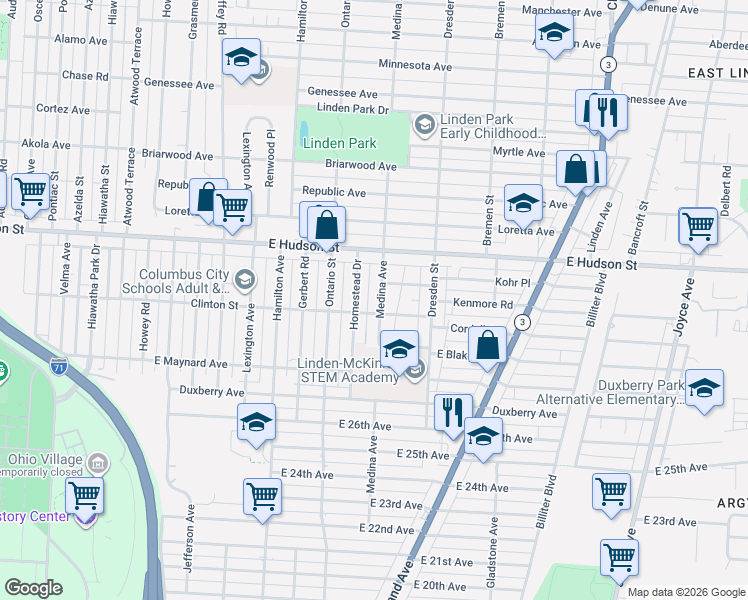 map of restaurants, bars, coffee shops, grocery stores, and more near 2272 Homestead Drive in Columbus