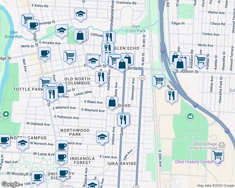 map of restaurants, bars, coffee shops, grocery stores, and more near 2404 Indiana Avenue in Columbus