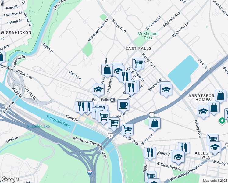 map of restaurants, bars, coffee shops, grocery stores, and more near 3529 New Queen Street in Philadelphia