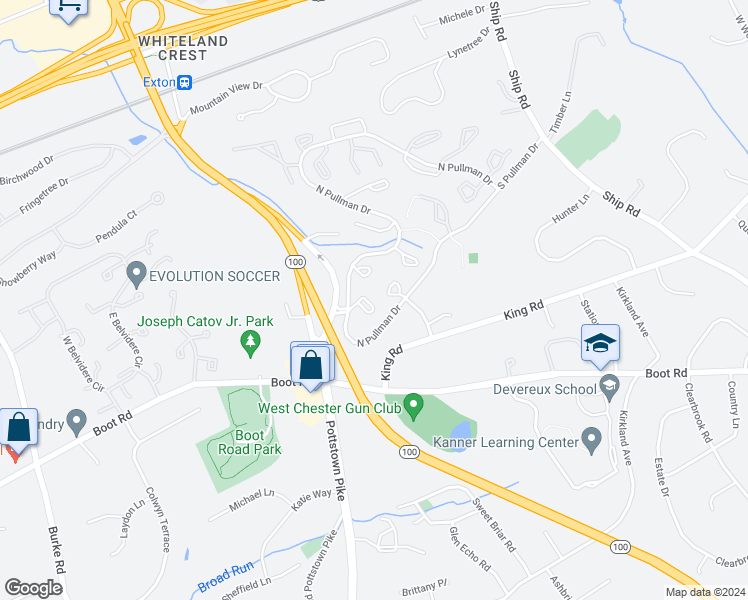 map of restaurants, bars, coffee shops, grocery stores, and more near 157 Weedon Court in West Chester