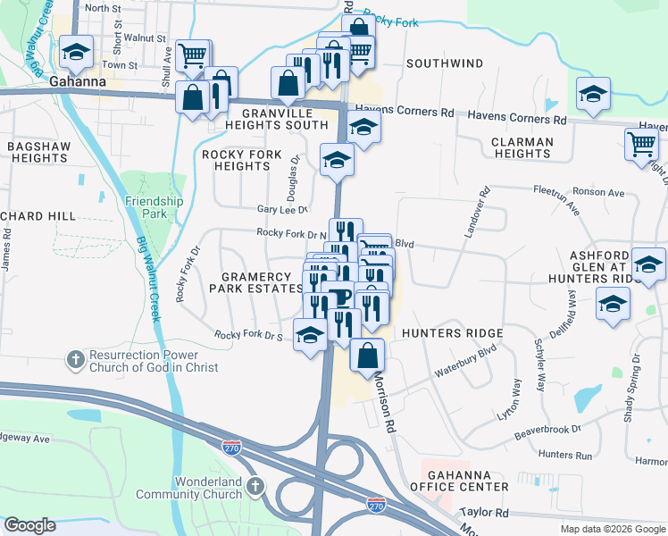 map of restaurants, bars, coffee shops, grocery stores, and more near 263 Hamilton Road in Gahanna