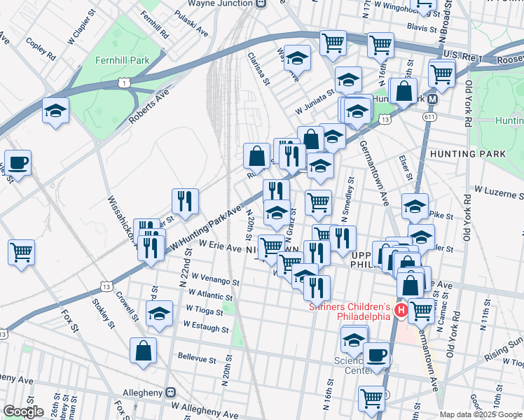 map of restaurants, bars, coffee shops, grocery stores, and more near 3819 Archer Street in Philadelphia