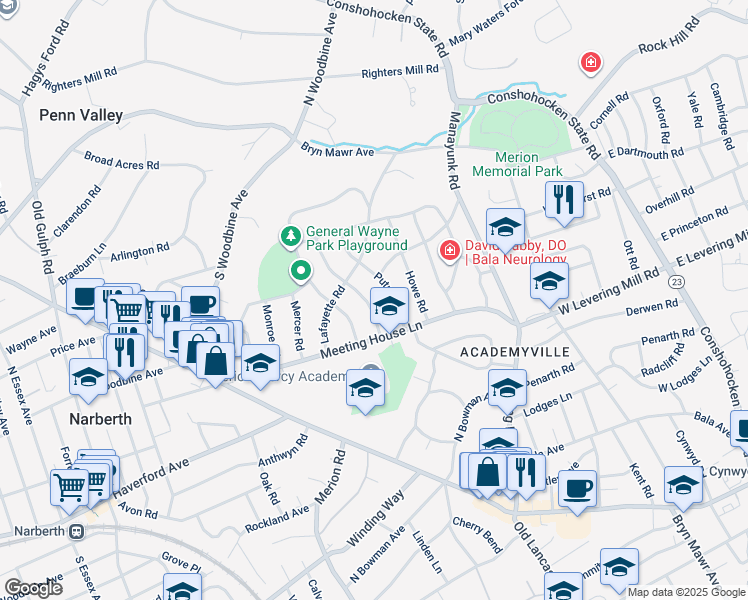 map of restaurants, bars, coffee shops, grocery stores, and more near 517 Prescott Road in Merion Station