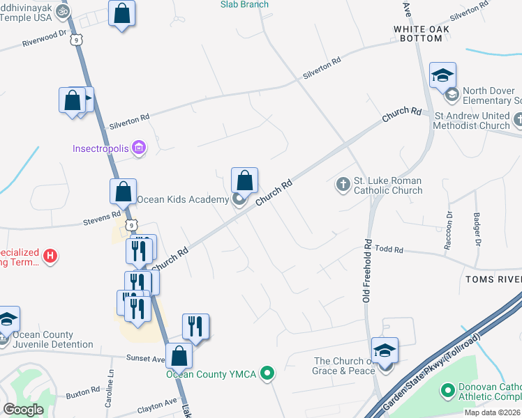 map of restaurants, bars, coffee shops, grocery stores, and more near 1180 Church Road in Toms River