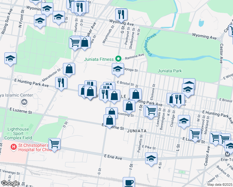 map of restaurants, bars, coffee shops, grocery stores, and more near 801 East Hunting Park Avenue in Philadelphia