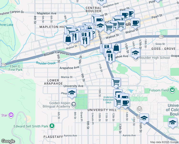 map of restaurants, bars, coffee shops, grocery stores, and more near 949 Marine Street in Boulder